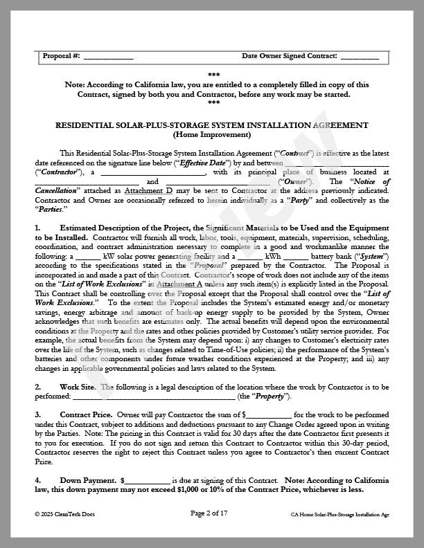 Residential Solar-Plus-Storage System Installation Agreement (CA) - Renewable energy legal forms from CleanTech Docs