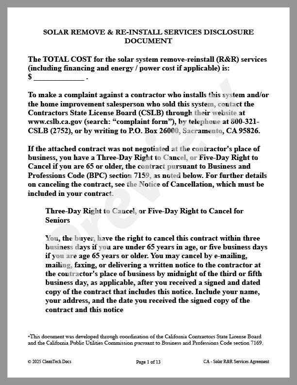 Solar System Remove-Reinstall Services Agreement (CA) - Renewable energy legal forms from CleanTech Docs