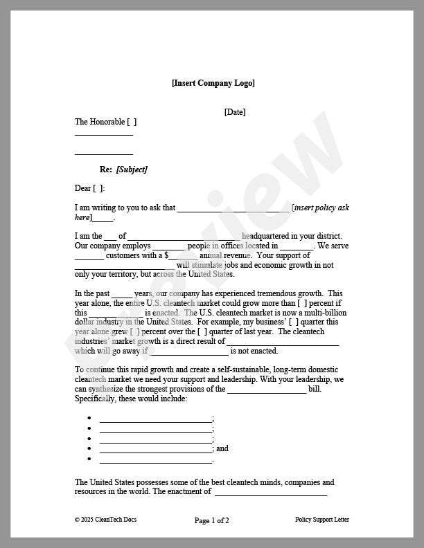 Support Letter for Bill/Policy Request - Renewable energy legal forms from CleanTech Docs