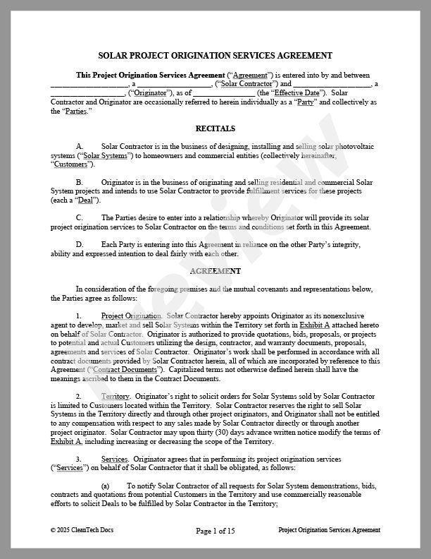Solar Project Origination (Lead Generator) Agreement - Renewable energy legal forms from CleanTech Docs
