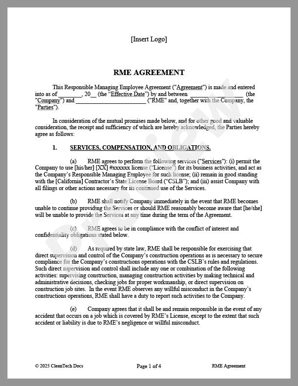 Responsible Managing Employee (RME) Agreement - Renewable energy legal forms from CleanTech Docs