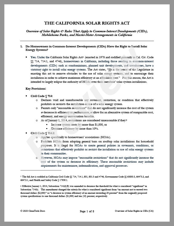 Solar & Common-Interest Developments: Overview of Rules and Regulations (CA) - Renewable energy legal forms from CleanTech Docs