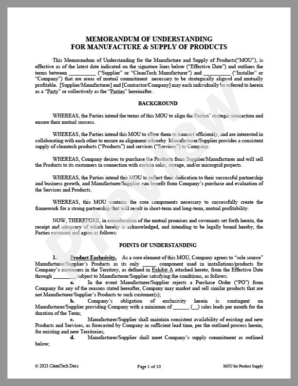MOU for Supply of Solar, Storage, Microgrid and Related Products to Companies Who Build Renewable Energy Projects - Renewable energy legal forms from CleanTech Docs