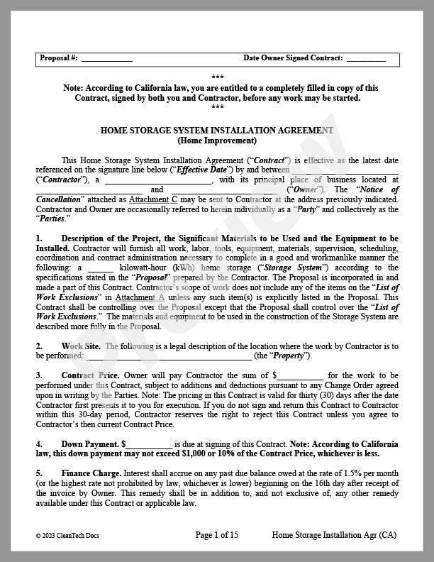 Residential Storage System Installation Agreement (CA) | Cleantech Docs