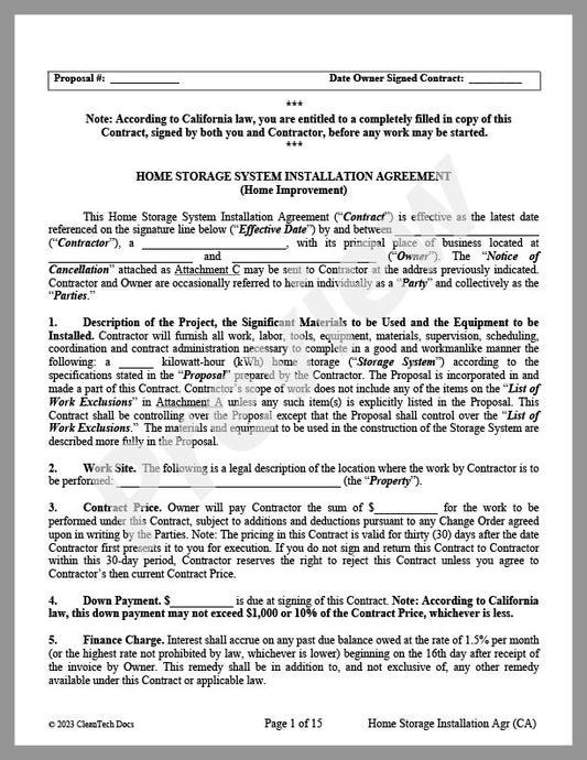 Residential Storage System Installation Agreement (CA) | Cleantech Docs