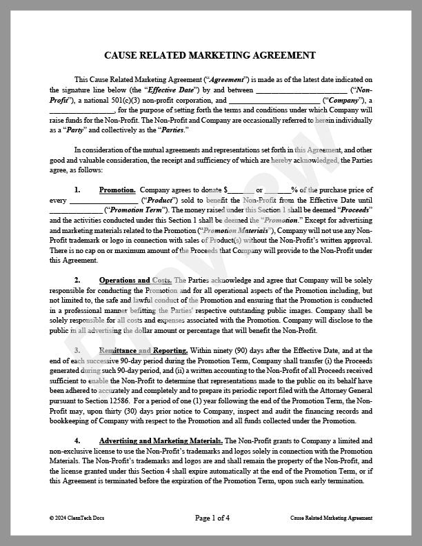 Cause Related Marketing Agreement - Renewable energy legal forms from CleanTech Docs