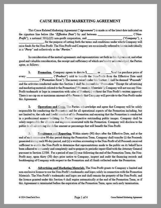 Cause Related Marketing Agreement - Renewable energy legal forms from CleanTech Docs