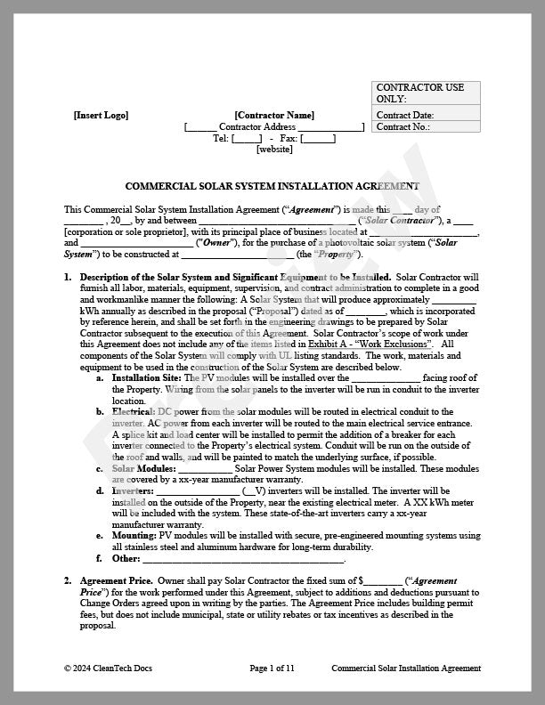 Commercial Solar System Installation Agreement (CA) - Solar & Storage Contracts - Renewable energy legal forms from CleanTech Docs