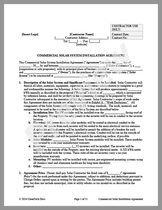 Commercial Solar System Installation Agreement (CA) - Solar & Storage Contracts - Renewable energy legal forms from CleanTech Docs