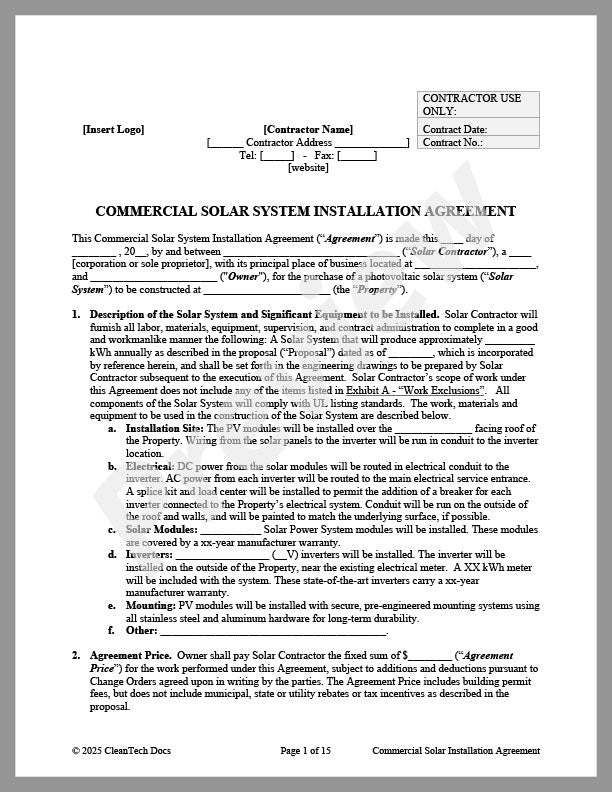 Commercial Solar System Installation Agreement (CA) - Solar & Storage Contracts - Renewable energy legal forms from CleanTech Docs
