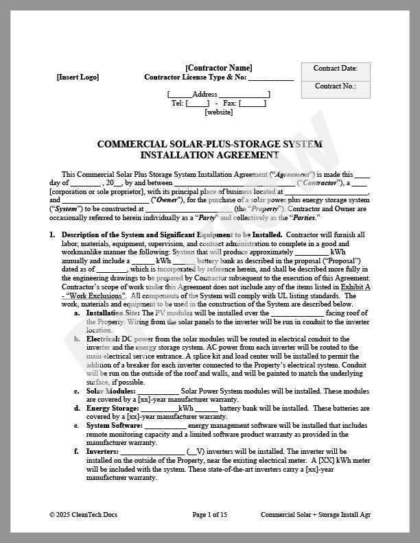 Commercial Solar-Plus-Storage System Installation Agreement (CA) - Renewable energy legal forms from CleanTech Docs