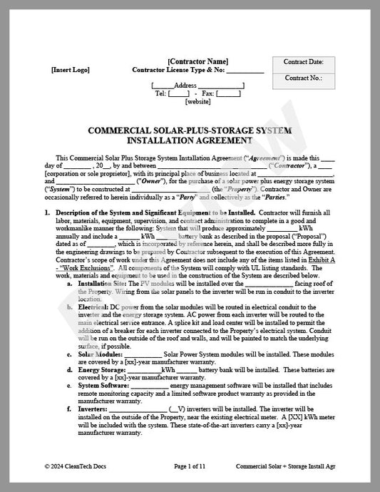 Commercial Solar-Plus-Storage System Installation Agreement - Renewable energy legal forms from CleanTech Docs