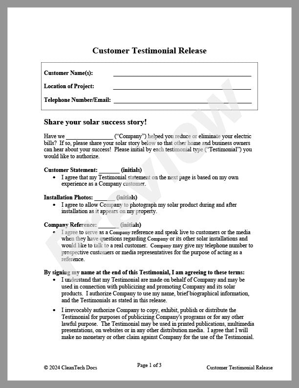 Customer Testimonial Release Form - Renewable energy legal forms from CleanTech Docs