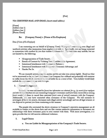 Cease & Desist Letter For Misappropriation of Trade Secrets