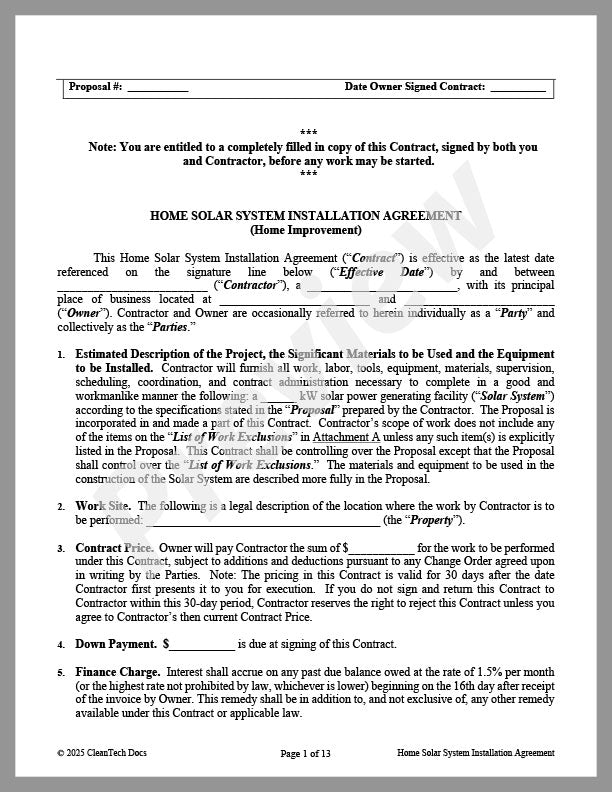 Residential Storage System Installation Agreement | Cleantech Docs
