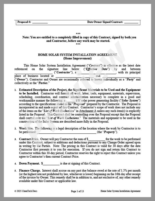 Residential Storage System Installation Agreement | Cleantech Docs