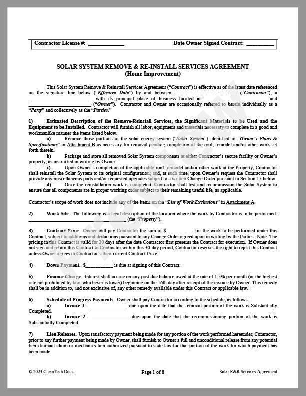 Solar System Remove-Reinstall Services Agreement - Renewable energy legal forms from CleanTech Docs