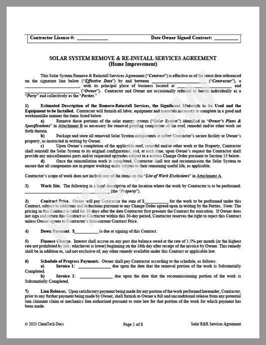 Solar System Remove-Reinstall Services Agreement - Renewable energy legal forms from CleanTech Docs
