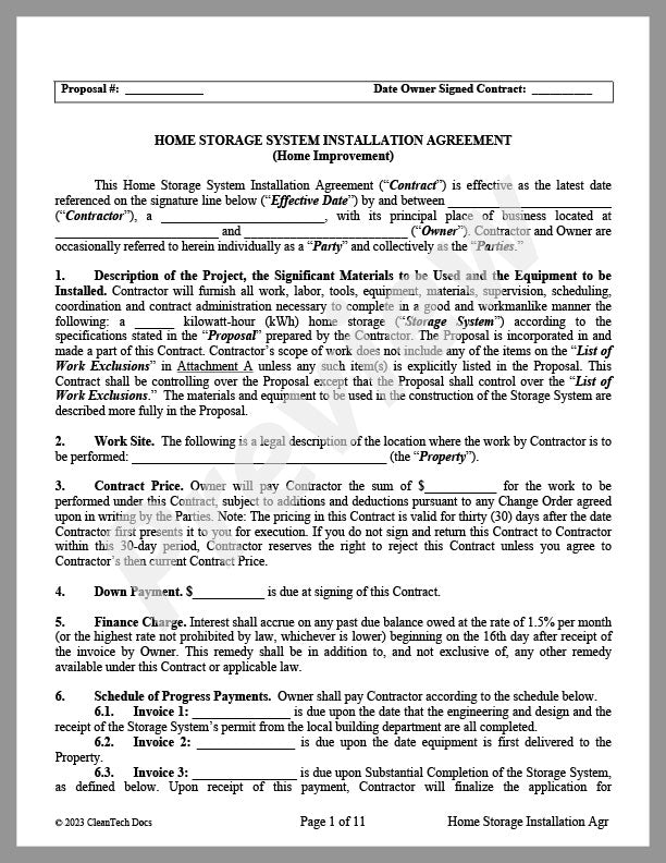 Residential Storage System Installation Agreement | Cleantech Docs