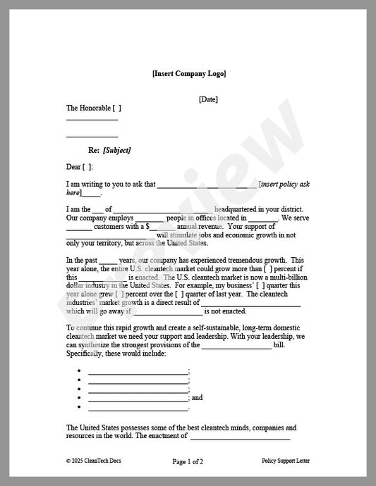 Support Letter for Bill/Policy Request - Renewable energy legal forms from CleanTech Docs