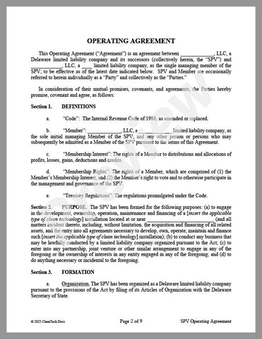 SPV Operating Agreement for CleanTech