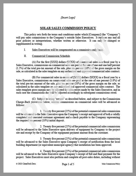 Solar Sales Commission Policy | CleanTech Docs, Inc. – Avanti Cleantech