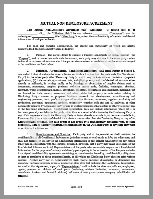 Non-Disclosure Agreement ("NDA") for Business Discussions (Mutual) - Renewable energy legal forms from CleanTech Docs