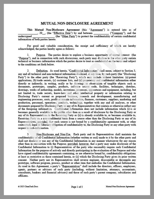 Non-Disclosure Agreement ("NDA") for Business Discussions (Mutual) - Renewable energy legal forms from CleanTech Docs