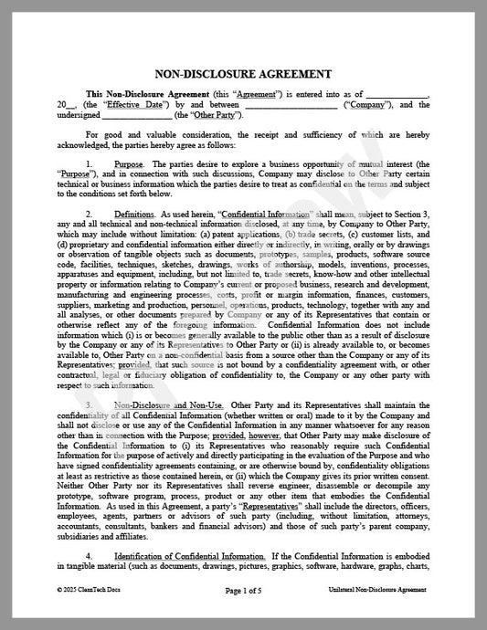 Non-Disclosure Agreement ("NDA") for Business Discussions (Unilateral) - Renewable energy legal forms from CleanTech Docs