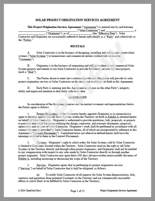 Solar Project Origination (Lead Generator) Agreement - Renewable energy legal forms from CleanTech Docs