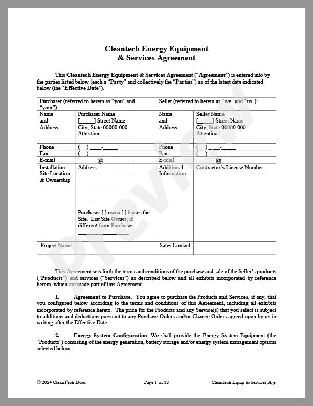 Cleantech Energy Equipment and Services Agreement - Renewable energy legal forms from CleanTech Docs