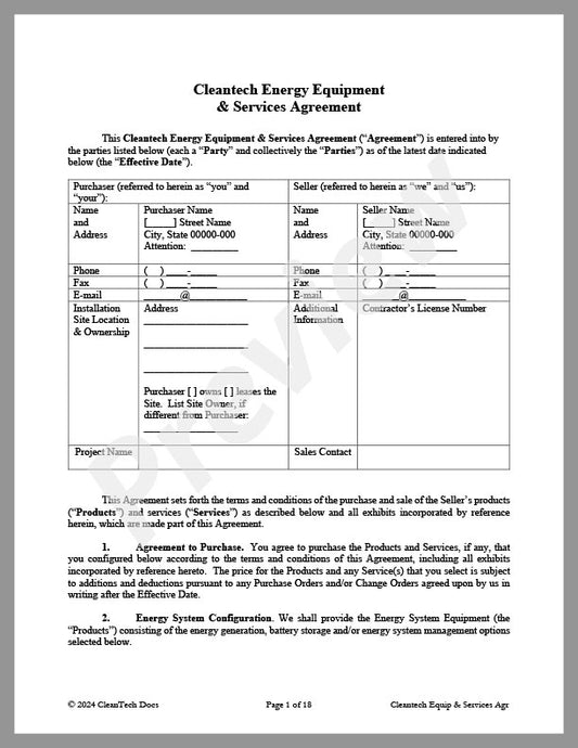 Cleantech Energy Equipment and Services Agreement - Renewable energy legal forms from CleanTech Docs