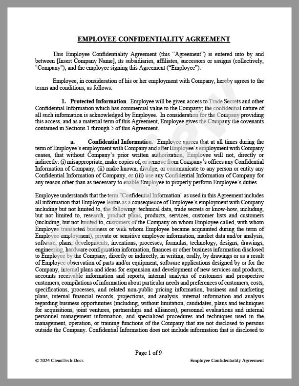 Employee Confidentiality Agreement - Renewable energy legal forms from CleanTech Docs