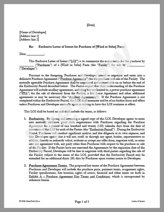 Letter of Intent (LOI) for Purchase of Solar or Wind Farm - Renewable energy legal forms from CleanTech Docs