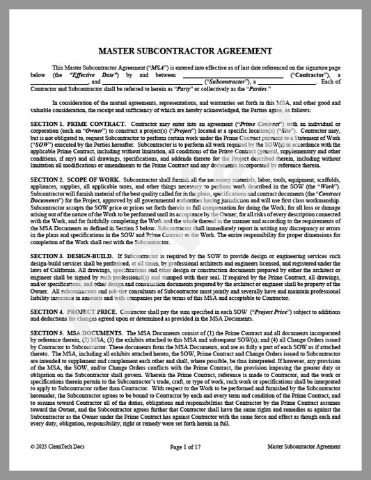 Subcontractor Agreement (CA) - Renewable energy legal forms from CleanTech Docs