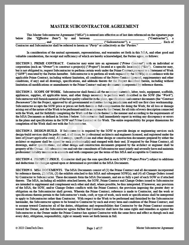 Subcontractor Agreement - Renewable energy legal forms from CleanTech Docs