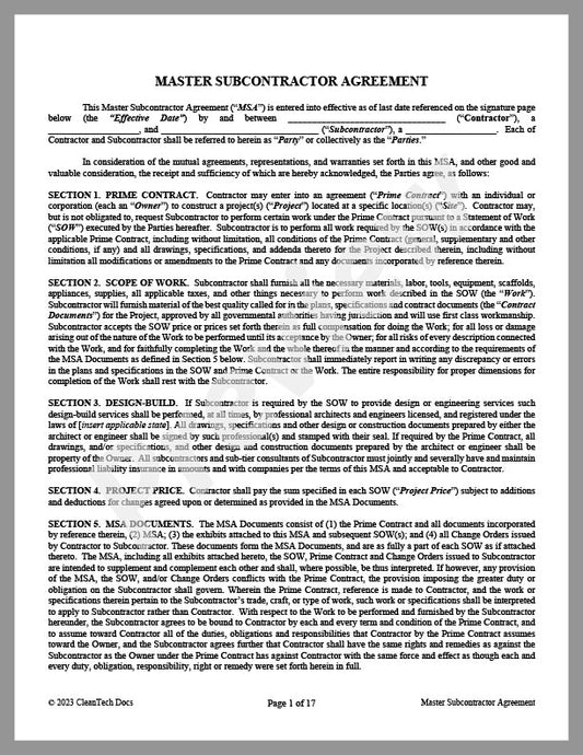 Subcontractor Agreement - Renewable energy legal forms from CleanTech Docs