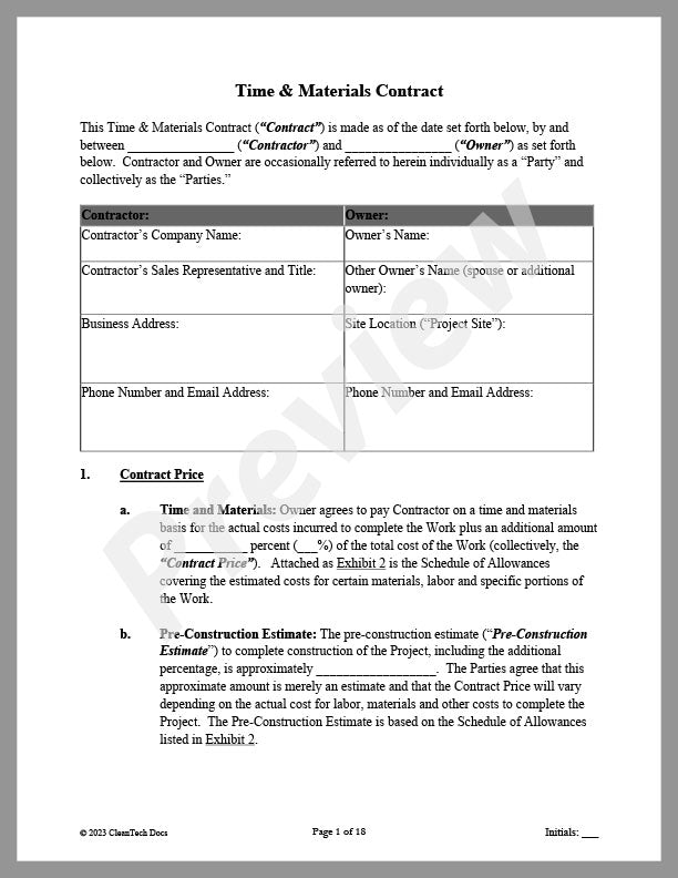 Time & Materials (T&M) Contract - Renewable energy legal forms from CleanTech Docs