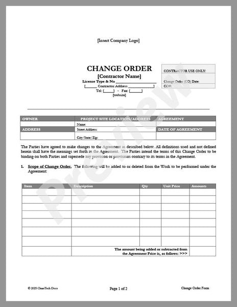 4331 Form Change Order Form | CleanTech Docs – Avanti Cleantech