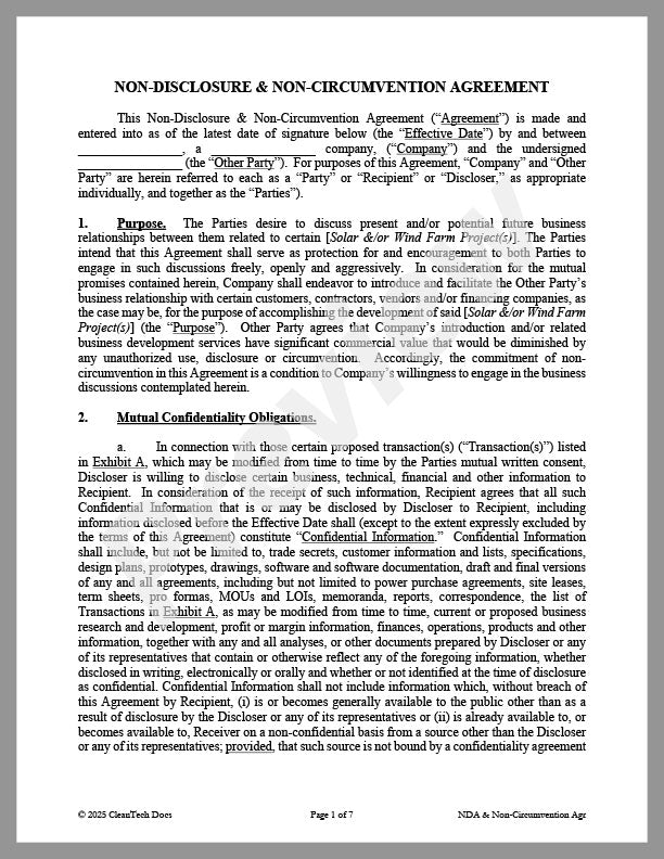 Non-Disclosure & Non-Circumvention Agreement for Solar or Wind Farm - Renewable energy legal forms from CleanTech Docs