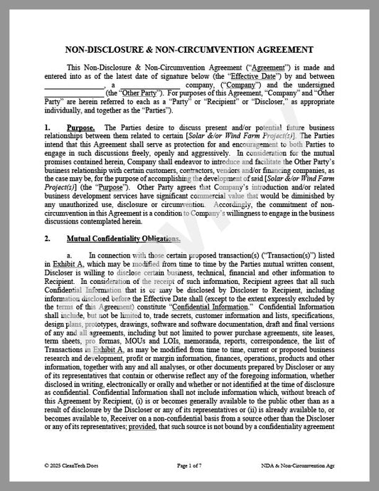 Non-Disclosure & Non-Circumvention Agreement for Solar or Wind Farm - Renewable energy legal forms from CleanTech Docs