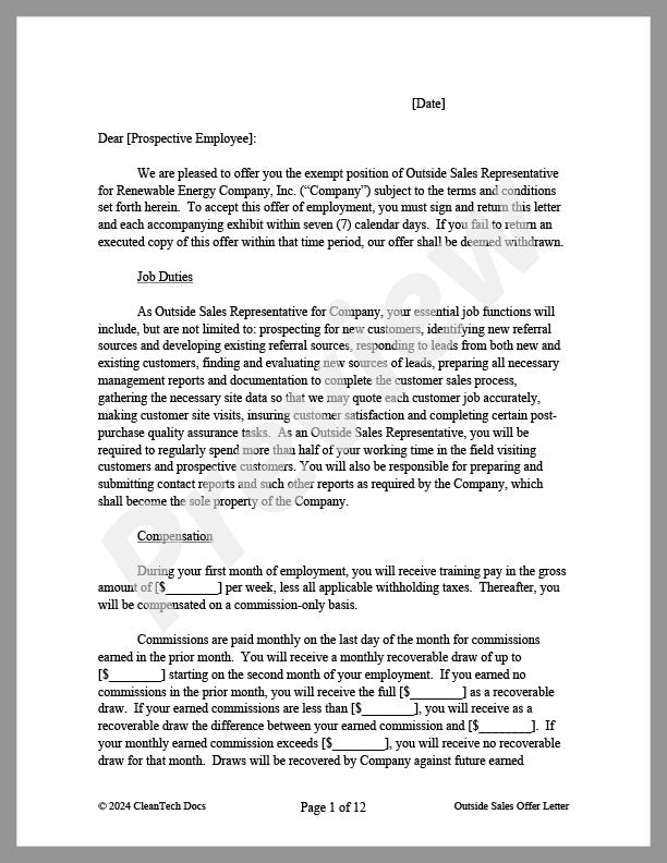 Outside Sales Offer Letter with Recoverable Draw - Renewable energy legal forms from CleanTech Docs