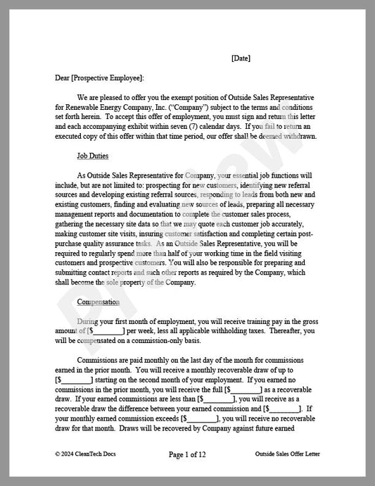 Outside Sales Offer Letter with Recoverable Draw - Renewable energy legal forms from CleanTech Docs