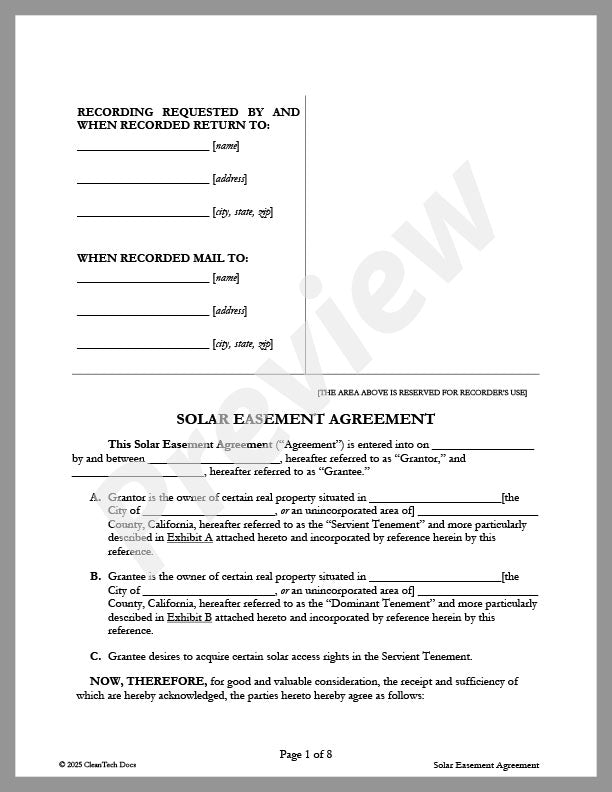 Solar Easement Agreement (CA) - Renewable energy legal forms from CleanTech Docs