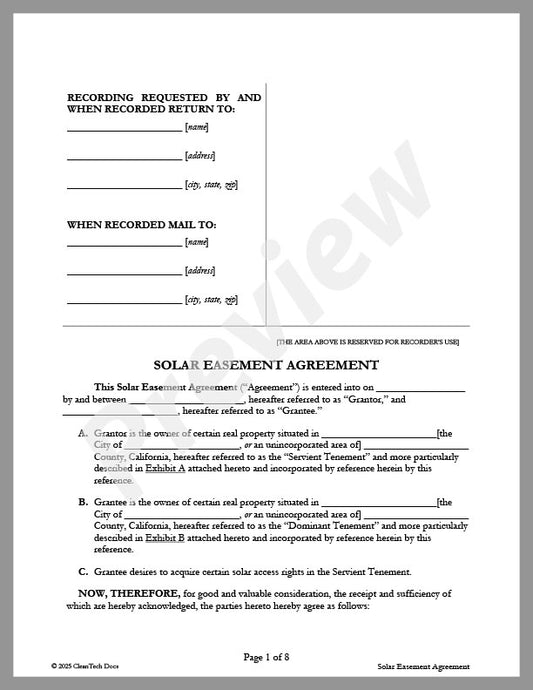 Solar Easement Agreement (CA) - Renewable energy legal forms from CleanTech Docs