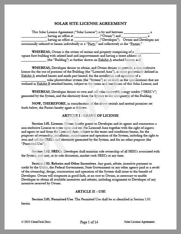 Solar License Agreement - Renewable energy legal forms from CleanTech Docs
