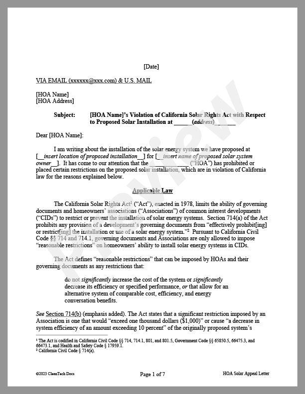 Homeowner Association Appeal Letter for Proposed Solar System in California - Renewable energy legal forms from CleanTech Docs