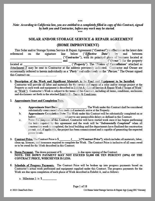 Residential Solar and/or Storage System Service & Repair Agreement (CA - Long Version) - CleanTech Docs