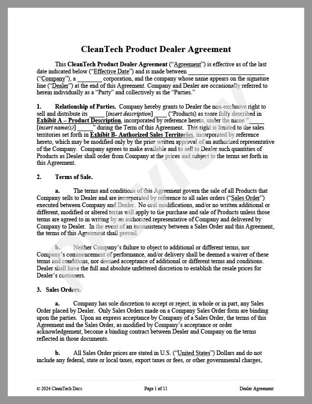 Product Dealer Agreement for Cleantech Products - Renewable energy legal forms from CleanTech Docs