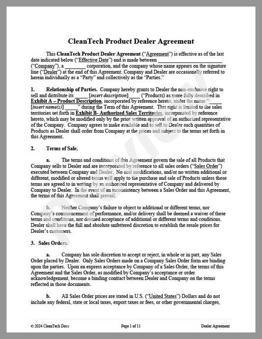 Product Dealer Agreement for Cleantech Products - Renewable energy legal forms from CleanTech Docs